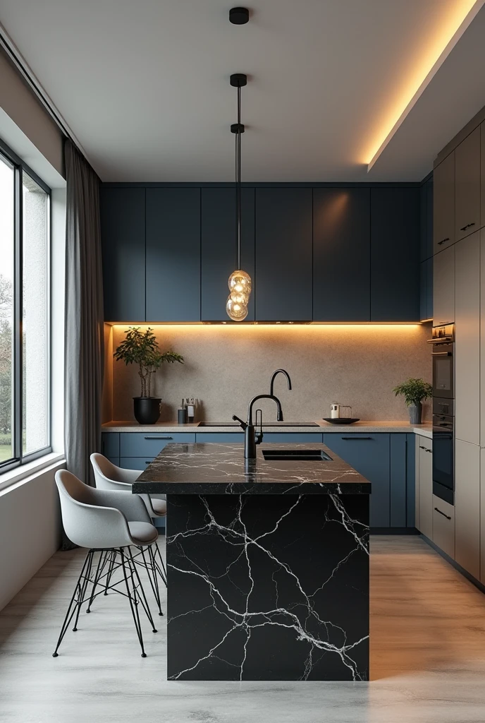 Professional 3d architecture rendering design of modern kitchen with So dark blue vintage and dark beige and dark gray cabinets and modern so light gray design chairs shiny black marble island island and modern windows and complete showing kitchen and showing complete kitchen and modern windows and showing complete kitchen