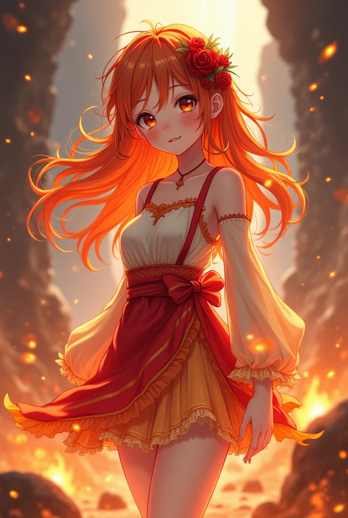 Cute anime girl wearing fire based clothes standing