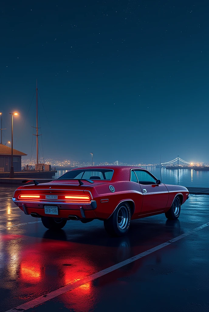 Prompt**: A meticulously drawn animation-style image set in a nighttime harbor. The scene features a vivid night view with a calm sea and a beautiful starry sky above filled with numerous twinkling stars. The wet road surface, reflecting light after the rain, adds to the ambiance. In the pier's parking lot, an old Dodge Challenger with a shiny red body is quietly parked, its taillights glowing softly. The car is rendered with intricate detail, and the entire composition is in high-quality 8K.