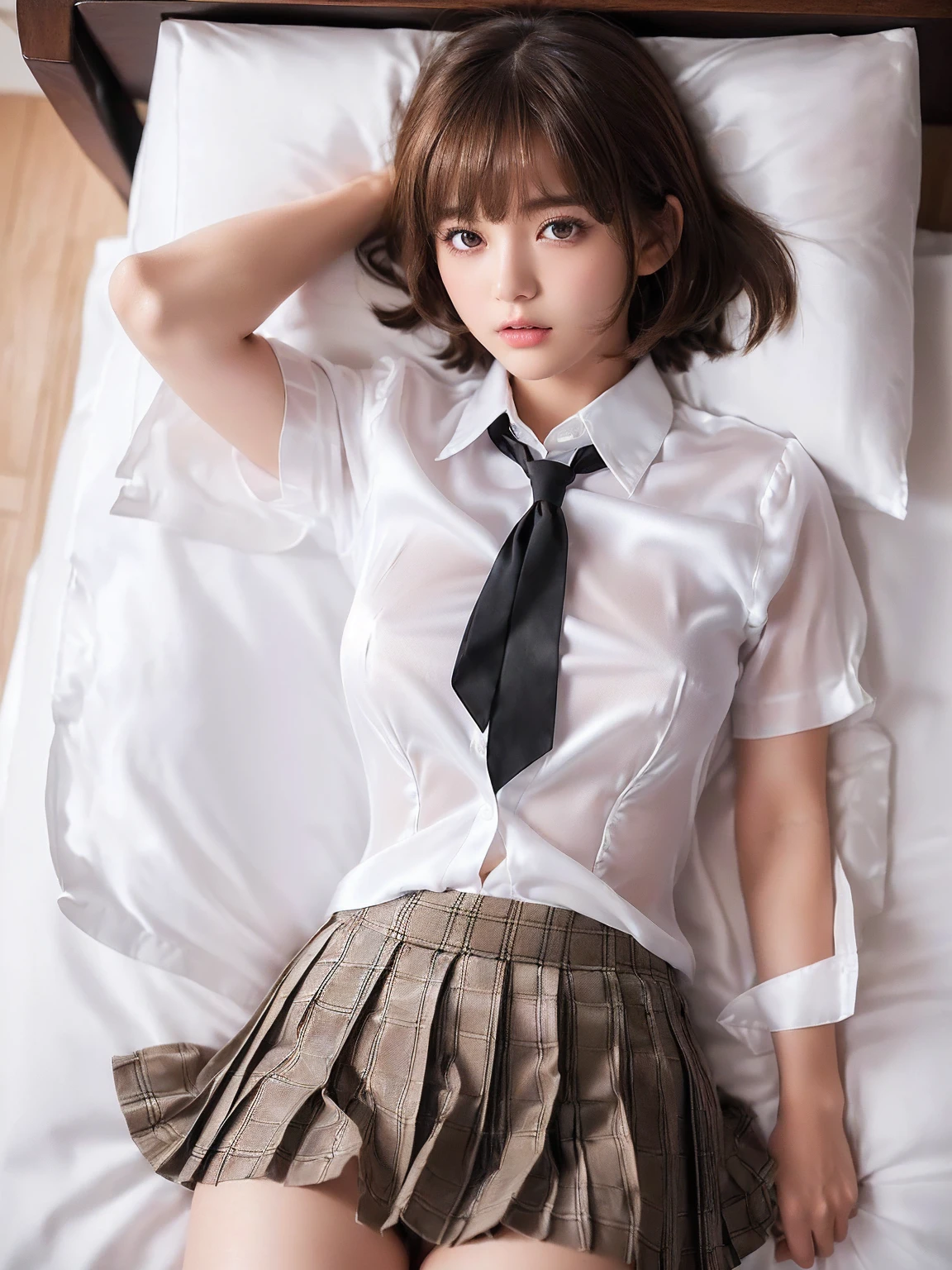 ( bangs, blunt bangs, brown hair, floating hair, expressive hair, short hair, Depth of written boundary, f/4.0, 135mm, Nikon, uhd, masterpiece, Textured skin, Super detailed,8k,Sun light),(Beautiful woman: 1.4、Very white skin、Fine grain、 double eyelid)、((NSFW))、(((Wearing a low-cut silk white shirt and a black pleated checkered mile、school uniform、high school girl、Full body view、Black underwear is visible、Large Breasts、shirtlift、Red ribbon at collar、Top View、Lie on your back on the futon、Don't close your legs)))