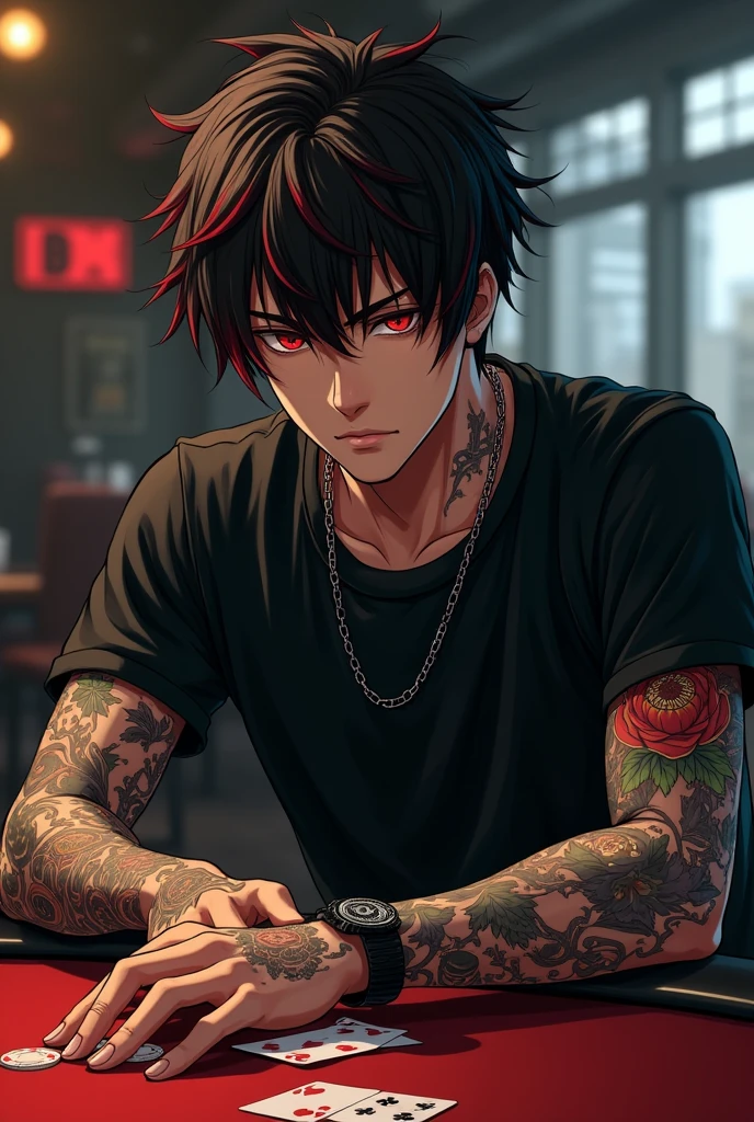 Handsome young Japanese man. 20. Tattooed arms not tribal. Yakuza gang. Intimidating. Red eyes. Short messy Black hair. Some red locks in his hair. He wears black combat boots. Black t-shirt. Cargo pants. Anime. Playing poker. Beautiful face. Anime boy