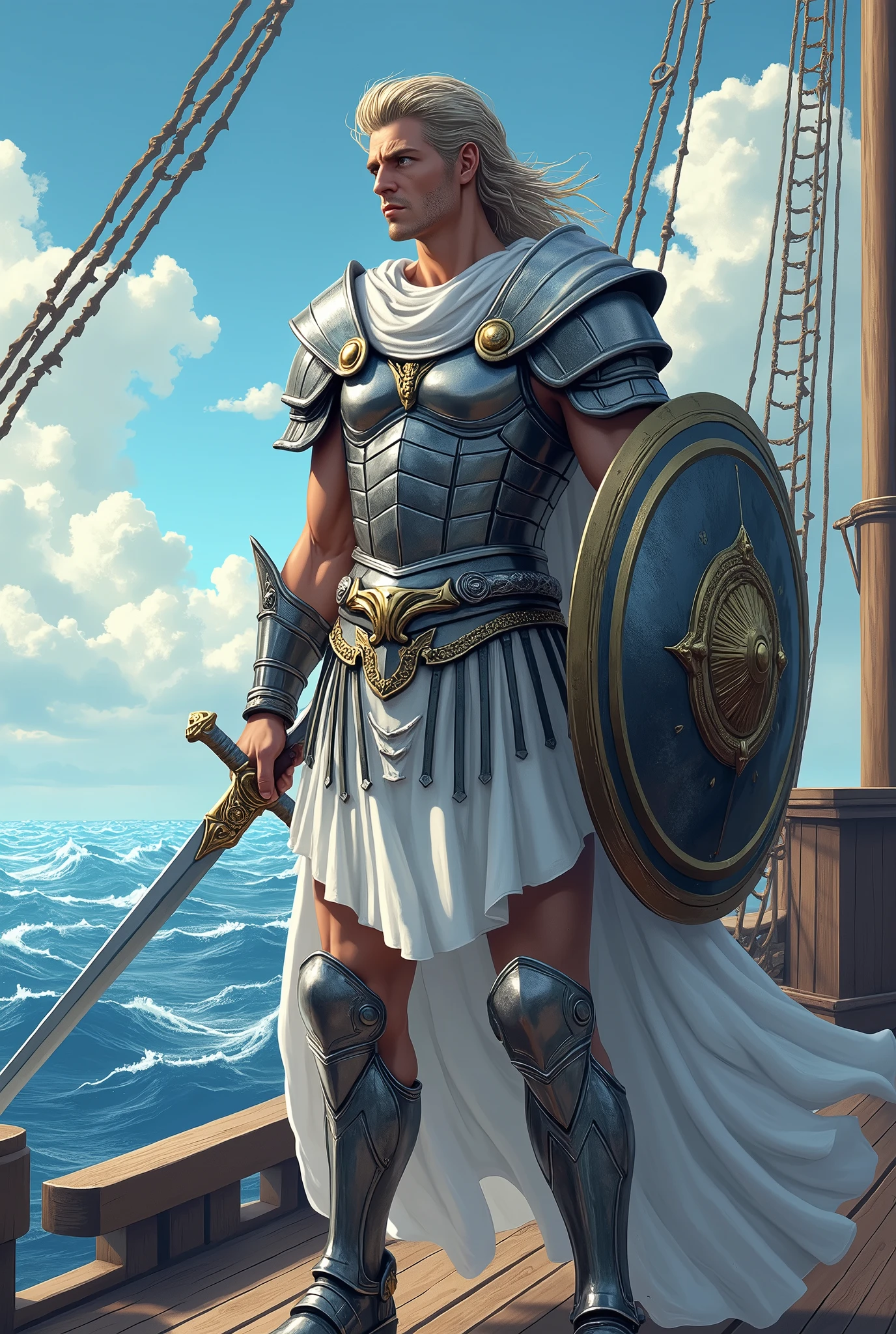 Warrior of Ancient Greece, with silver armor, white clothes, White cloack, holding a sword and shield, determined expression, on a warship, (((anime styling))), best qualityer, detailed hands, 4K, detailed sword.