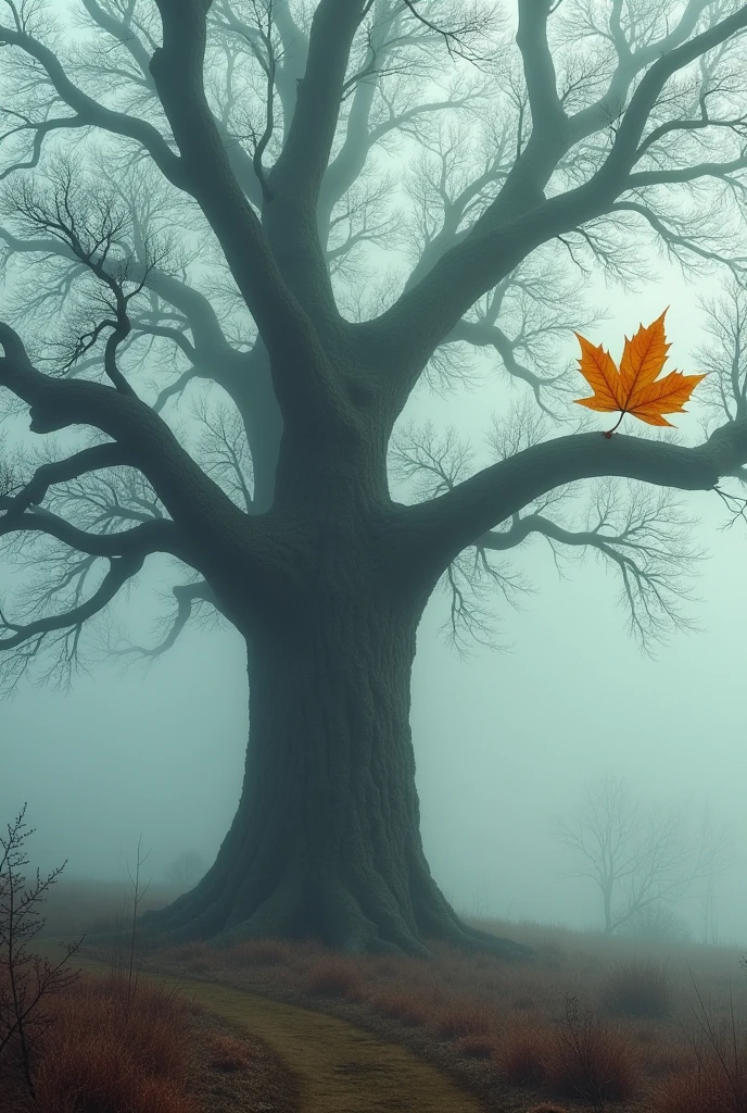 A large oak tree in late, foggy autumn. Only one leaf hangs on it's branches