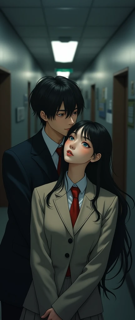 (32K:1.9, Realistic:1.9, Highest quality, masterpiece, Ultra-high resolution), Perfect dynamic composition, Highly detailed skin and facial textures:1.3, Detailed eyes, Detailed limbs, (Cute sexy slim Japanese schoolgirl, expensive、Slim Japanese high school student), Both of them are sitting, Fair skin, ((Clarity:1.1)), (Both men and women wear a blazer-style uniform and a red tie.。), (Boy hugs girl:1.5), (smile:0.9, Totally captivates you:0.9), (beautiful Blue Eyes, beautiful, Clear Eyes:0.8), The woman has long black hair, Sexy Face:0.4, blush:1.1, (beautifulエロティシズムを醸し出す雰囲気:0.8), Professional random camera work, Cinematic Lighting Effects, ((Full Body Shot)), ((Too erotic:0.9)) , romantic, mysterious, Object of admiration, original, dramatic, artistic, Innovative, charm, Heartful, Fancy, Tilt, sense of loss, special, exciting, Extreme, sense of openness, joy, joyの表現, ((若さのcharm, 女性的なcharm))