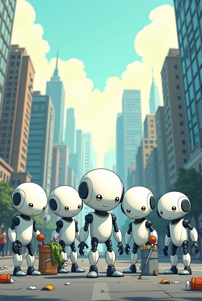 create an image for a pollution cleanup project with five white robots cleaning the city cartoon
