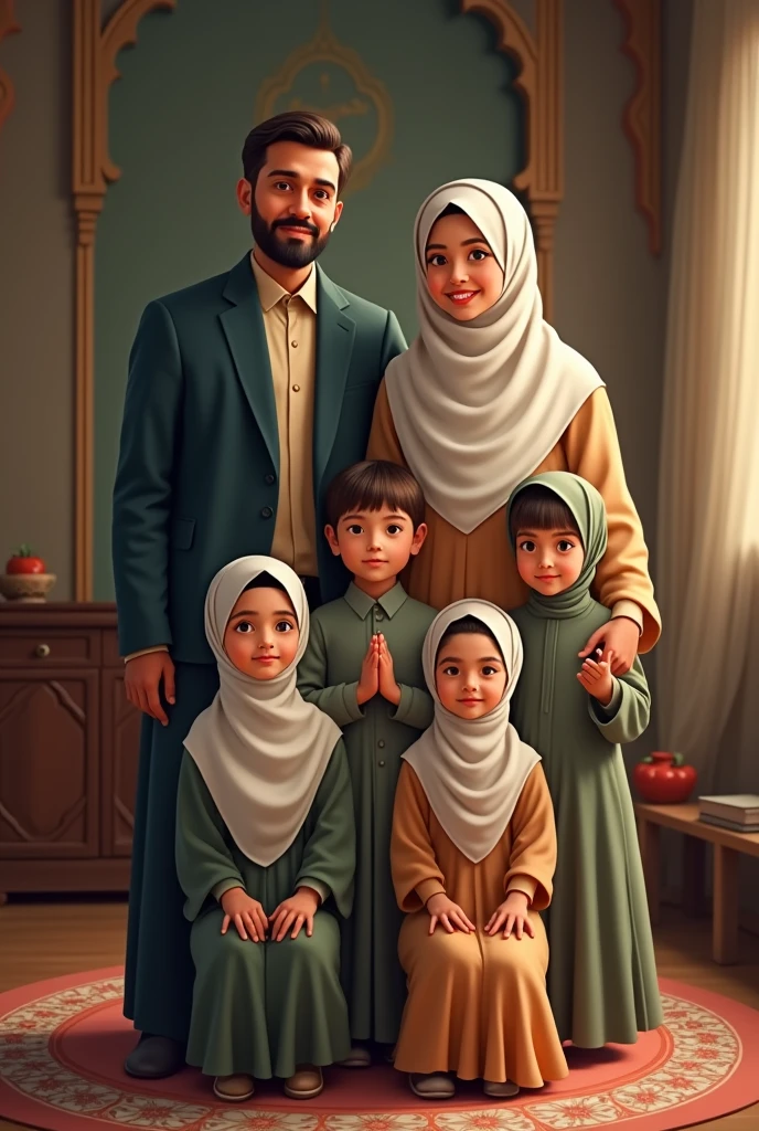 A Muslim family containing one father, one mother, one daughter, then twins daughter and son and then another daughter 