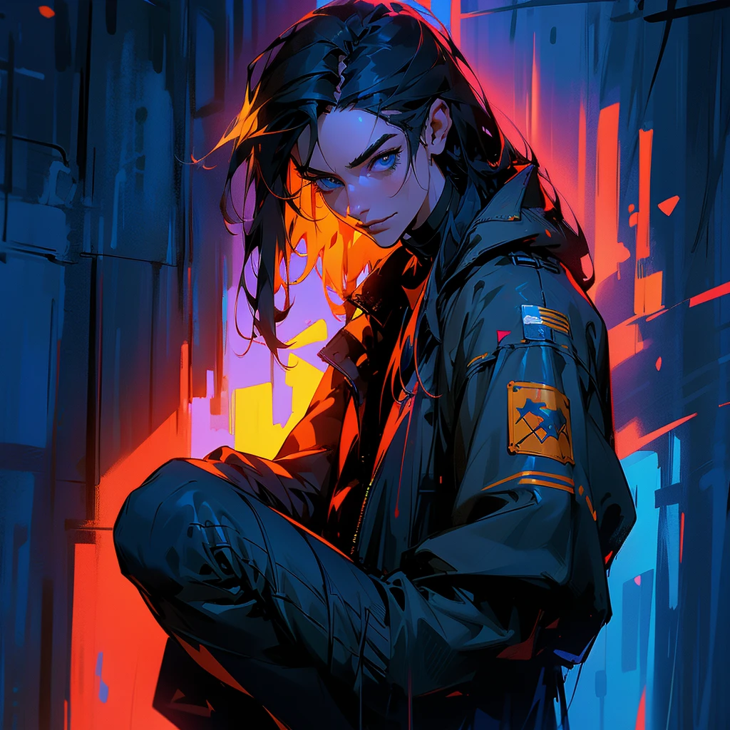 black hair, long hair, straight hair, male, man, blue eyes, tall, wiry, jacket, choker, armband, long boots, belt, waist pouch, with a black bandage, delicate facial features, toned, cyberpunk, inside, in the subway, determined, half body photo, upper body, face, write smile