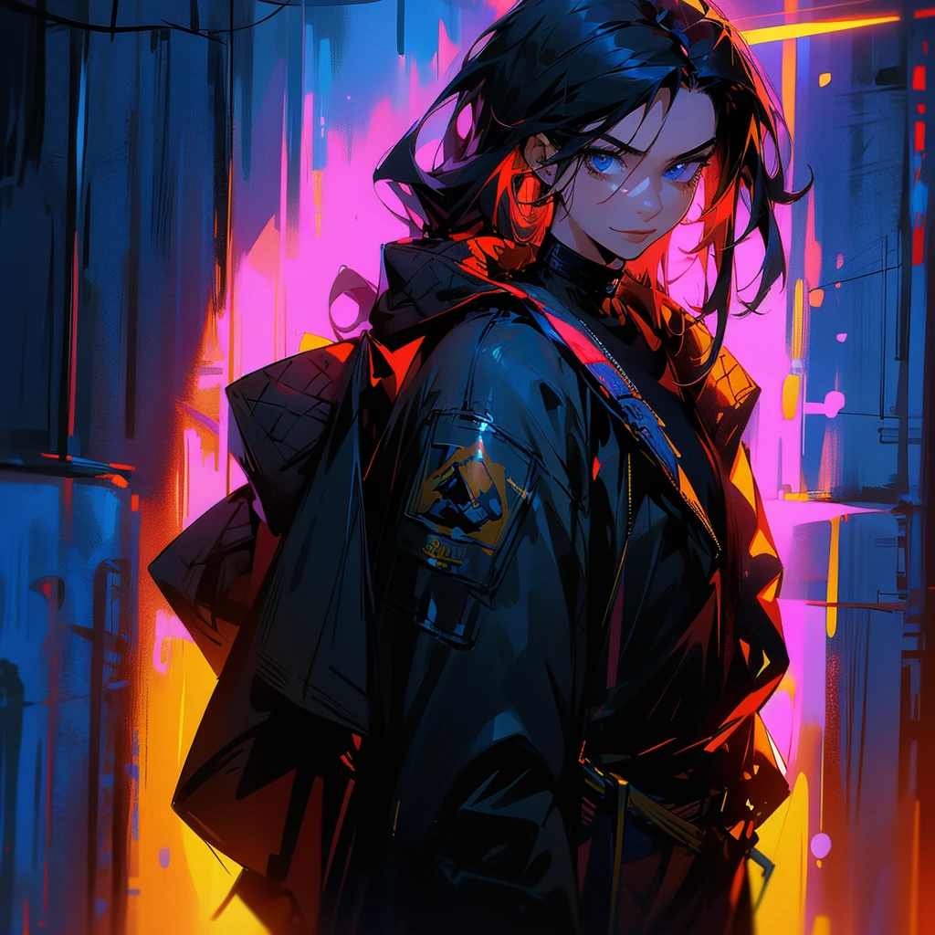 black hair, long hair, straight hair, male, man, blue eyes, tall, wiry, jacket, choker, armband, long boots, belt, waist pouch, with a black bandage, delicate facial features, toned, cyberpunk, inside, in the subway, determined, half body photo, upper body, face, write smile