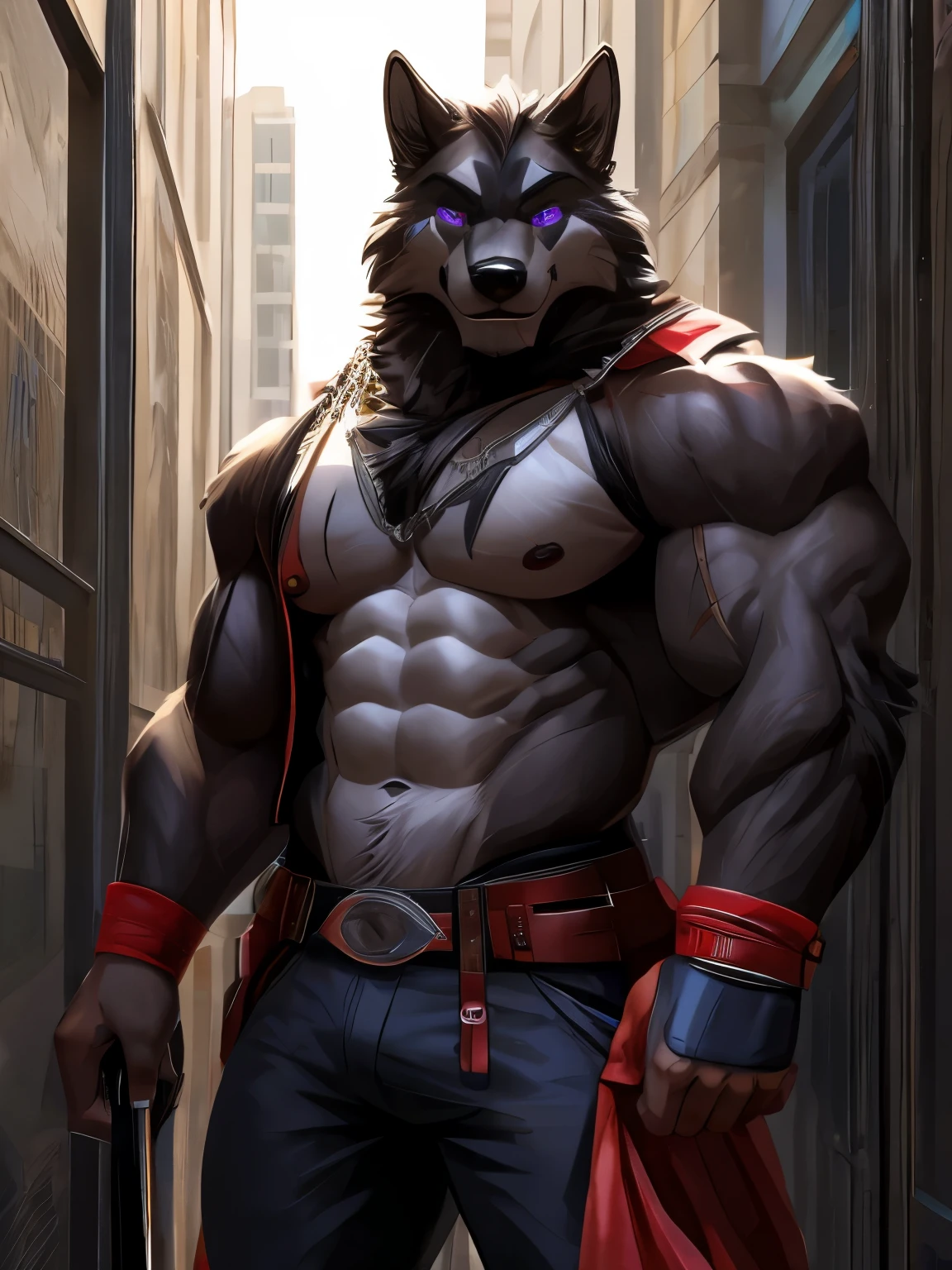 embedding:black wolf, male,purple eyes,Scar on the face, scar on the body,Single person,deliveryman,Standing outside the door,In the corridors of modern buildings,Robust,Contempt,With the express box in his hand,The highest quality of scene detail,adult,Tall and powerful,muscle,Best quality hands, best quality eye,detailed fur,Delicate eyes.Extreme picture quality