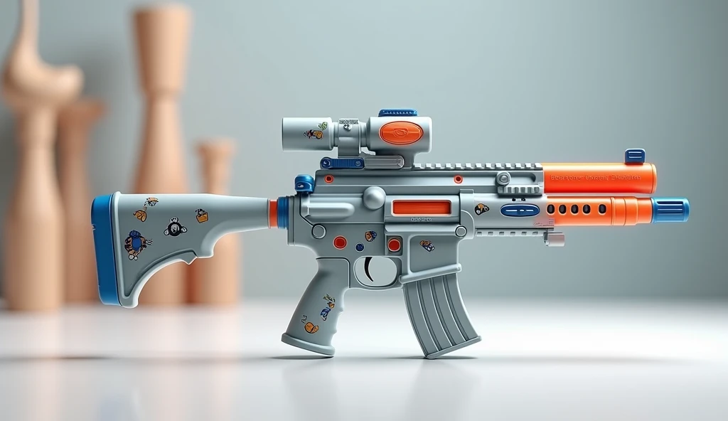 Mini double water gun toy，Integrated rifle mount，Cartoon pattern on the surface，Transparent magazine and scope recessed，(Similar structure to M416)，(Double muzzle)，Smooth lines，Plastic material，Three-color Morandi color matching，high quality，Professional Product Photography，Table background，3d, OC Rendering，8K，