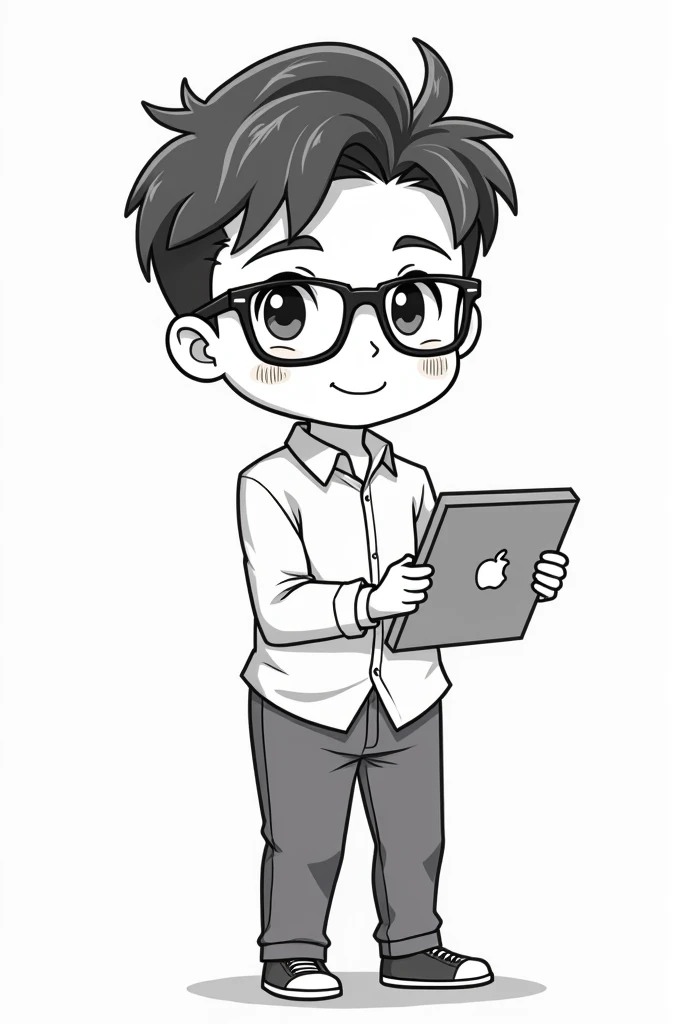 Male teacher, black hair, wearing glasses, holding an iPad with one hand, anime image, white background, chibi line drawing