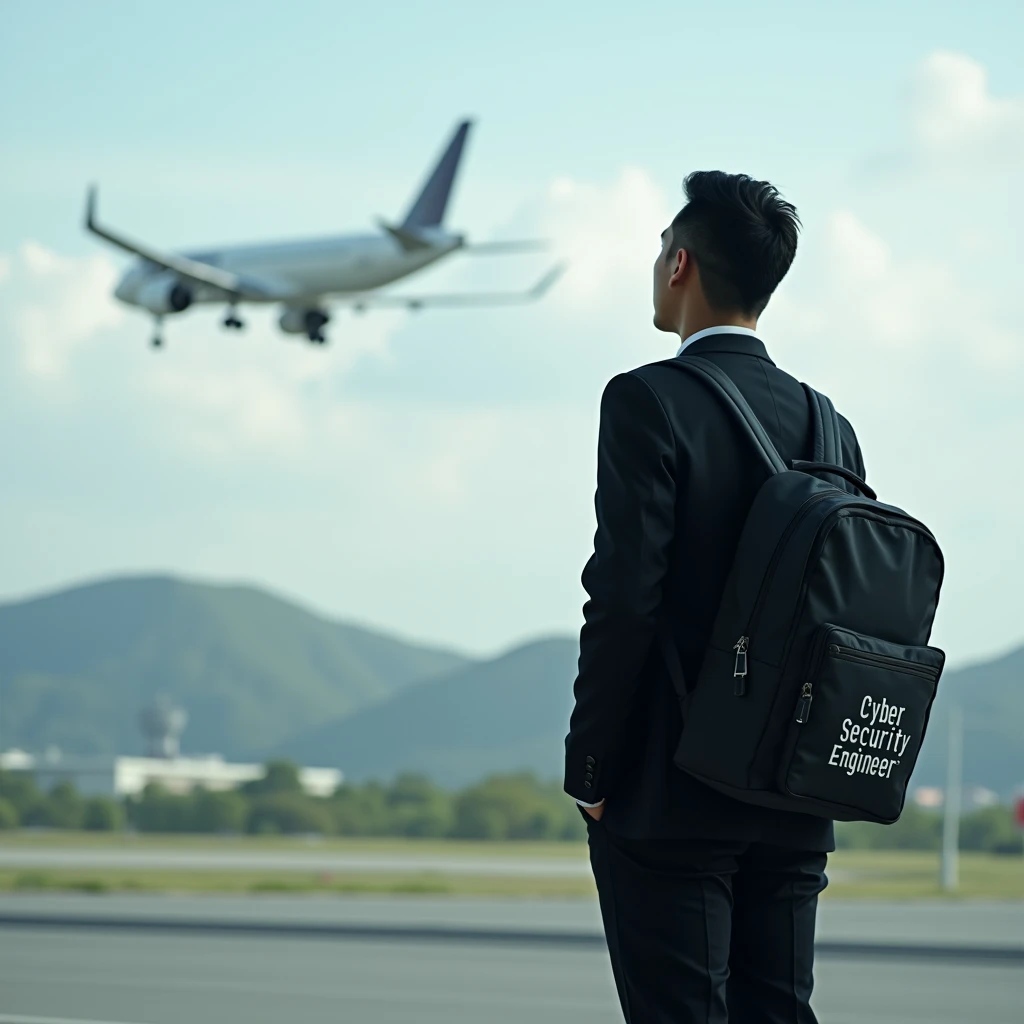 An  is in airport black  blazzere complet watching plane flying
In his school bag it's written Cyber security engineer 
Beautiful view from behind his back
