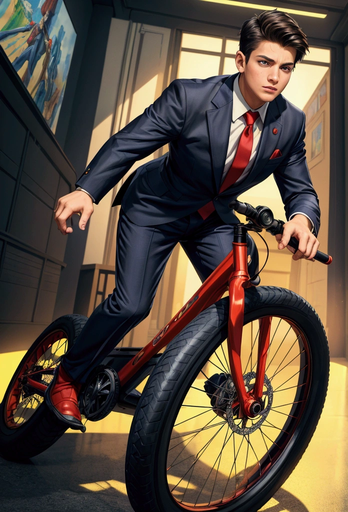 ((1boy)), super fine illustration, vibrant colors, absurdres extremely detailed CG, 8k wallpaper, (masterpiece:1.3), dynamic angle, dynamic pose, best quality, depth of field, cinematic lighting, ultra detailed, front-view, Business suit, The president is rolling the spare tires, full body, center, looking at viewers, the character is in the center of the frame,