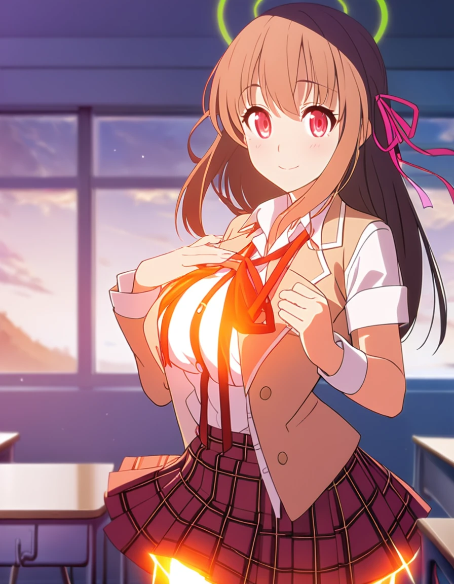 (8K:1.5),anime, high school girl,Upper body only, F-cup bust,high school uniform, ribbon, plaid skirt, glowing skin, classroom
