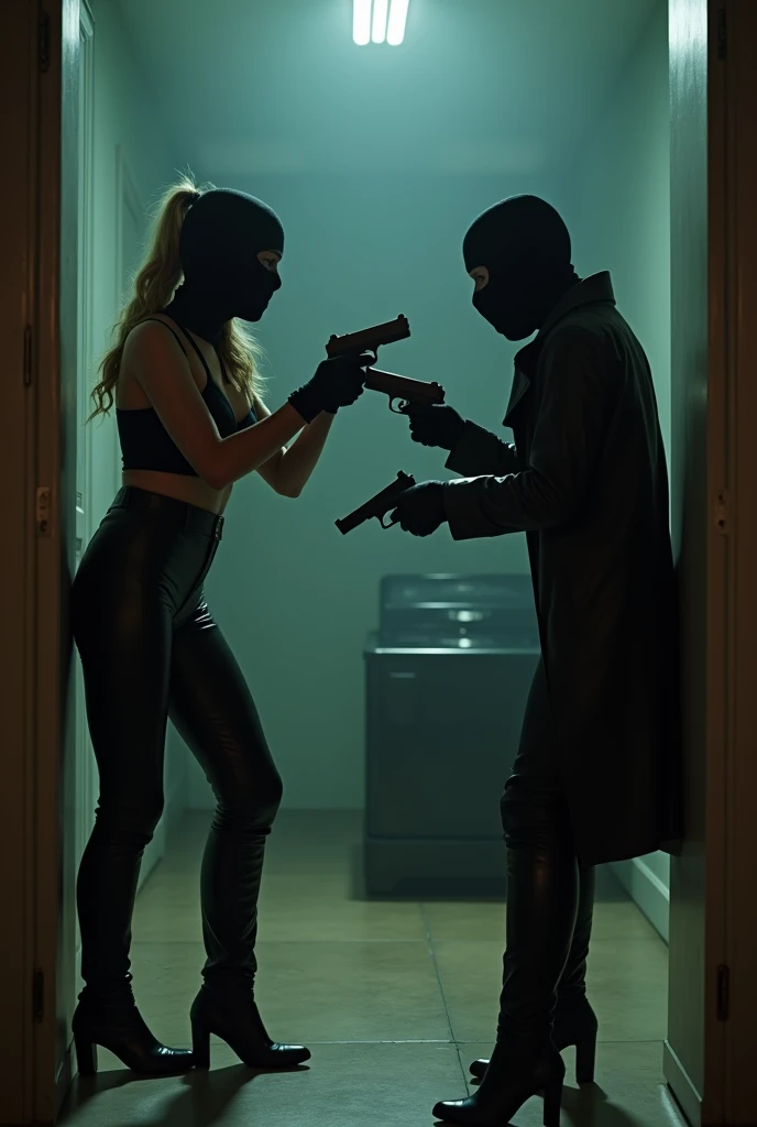 Scarlett johansson et natalie portman porte des bottes et qui porte des gants en cuir Lons et qui porte des cagoule avec des pistolet et qui tu une famme dans un appartement 