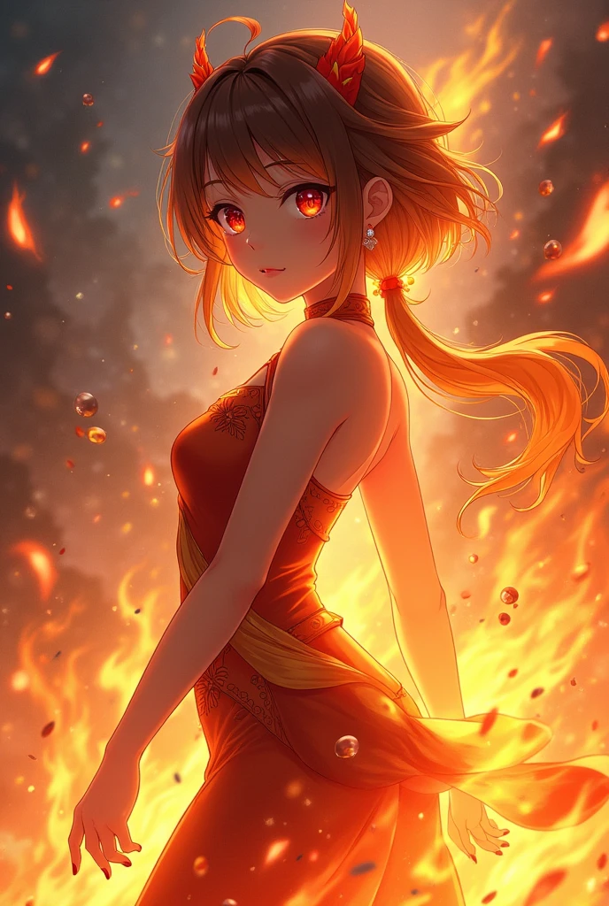 Cute anime girl wearing fire based clothes standing non revealing clothes