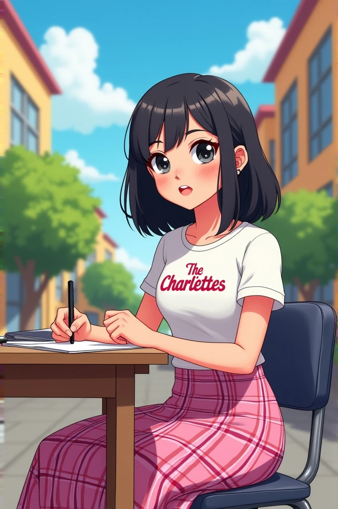 a cartoon showing filipino pupil a girl with black hair wearing a tshirt with brand "The Charlettes" in front and wearing a long skirt pink and white plaid uniform , she is writing for campus journalism
