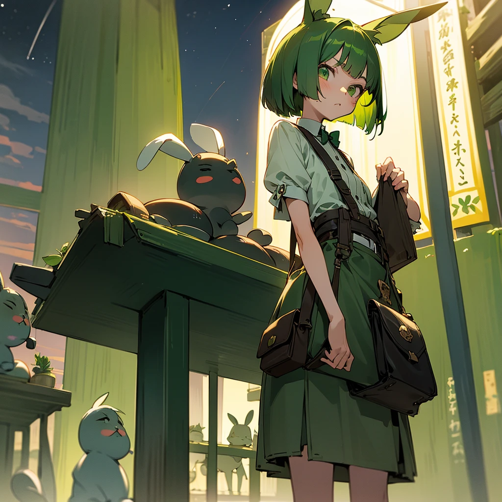 Green rabbit ears, green animal ears, a girl, bob cut, green hair, green eyes, look young, alone, short, tiny,ta, childhood, overall, belt, waist bag, waist pouch, kawaii, cute,face, serious look, outside, shrine, at night
