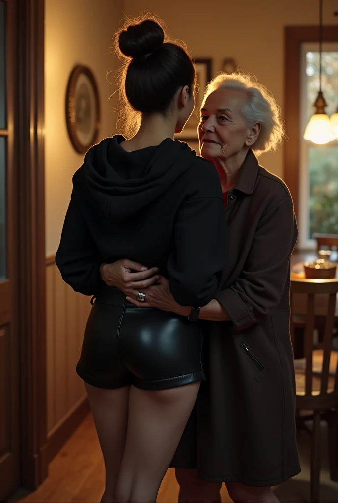 black woman hair in a bun black hoodie black leather short shorts being fucked in the ass by a old grandma in a dress