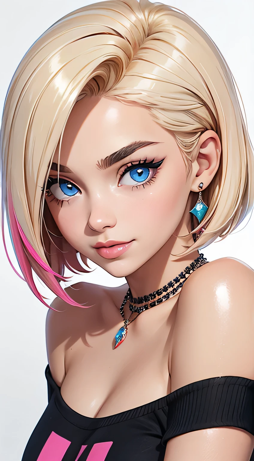 Amazing portrait of the upper body of a young woman who is 20 years old with a beautiful and highly detailed face and skin texture with fine blue eyes with double eyelid and thick styled and perfect eyebrows and black smokey eyeliner with natural cheeks and shiny skin wearing colourful comfy clothes showing off her bare shoulders and her small breasts with clevage paired with a sparkly necklace and earrings with glossy lips parted in an enchanting smile with a short asymmetrical bob styled with a bit of volume and a side part being a light blonde or platinum with few strands dyed pink having a slightly tousled or messy appearance with focus on her chest and face with this upper body shot and her bare shoulders with small breasts