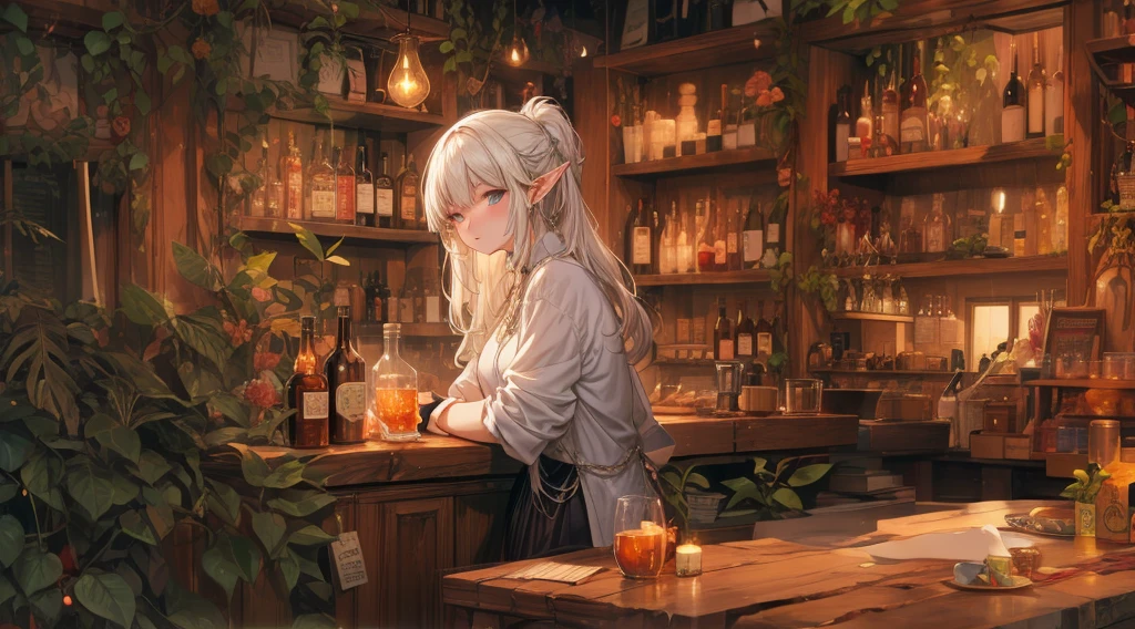 (bartender),A cozy, stone-built elven bar with an elegant elf bartender preparing a drink for a customer, depicted in an anime style. The elf has delicate features, long flowing hair, and pointed ears. The bar is warmly lit by candlelight, with vintage bottles and glasses lining the wooden counter. The atmosphere is serene and inviting, perfect for a calm evening. The anime style adds a touch of fantasy and whimsy, capturing the magical and mystical nature of the elven world.