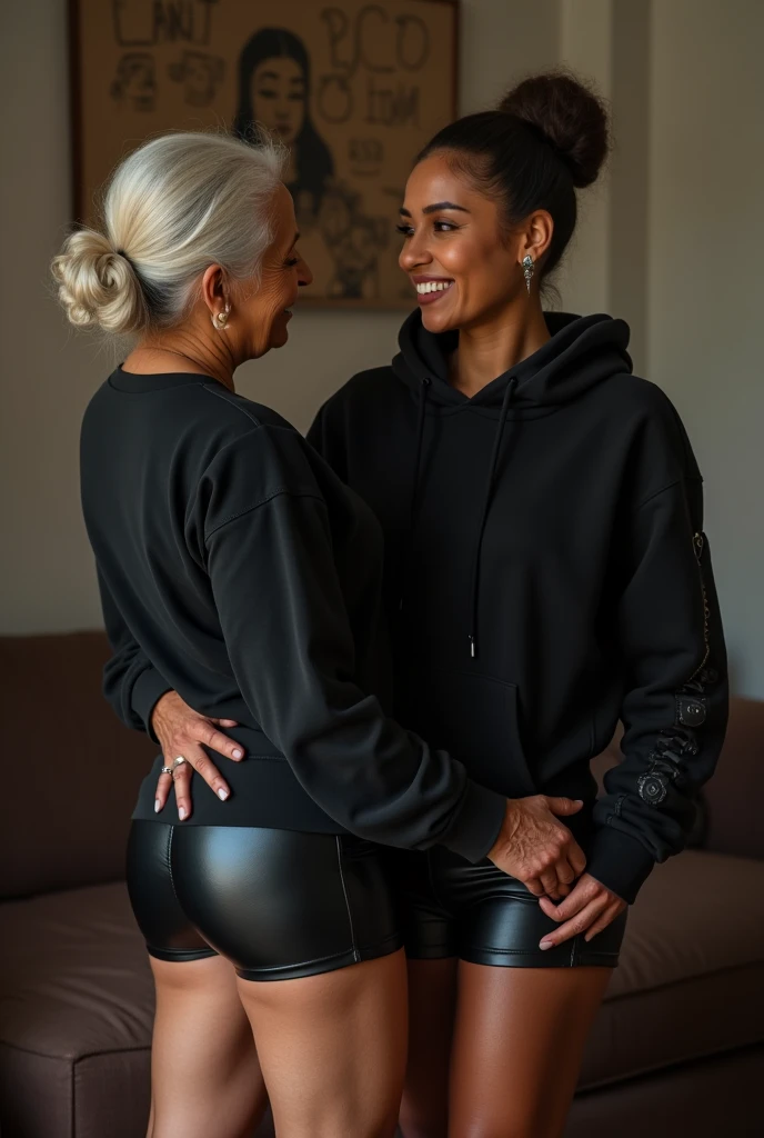 black woman hair in a bun black hoodie black leather short shorts being fucked in the ass by a old grandma in a dress