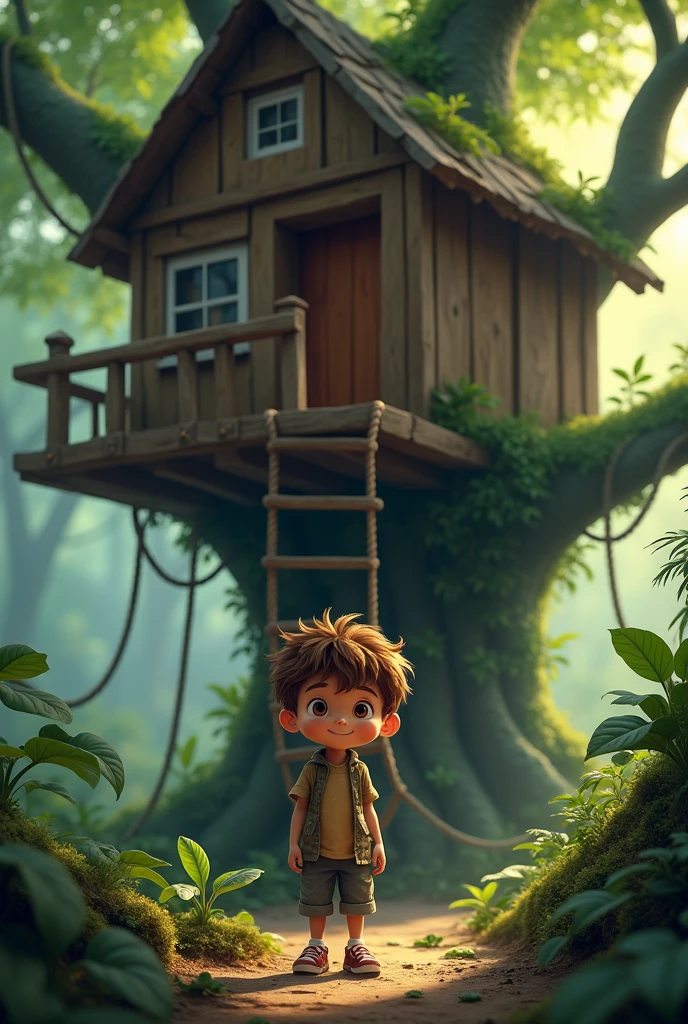 A young boy, around ten years old, with tousled brown hair and bright, curious eyes, stands in front of an old treehouse nestled deep in the woods. The treehouse is weathered, with wooden panels and a rope ladder hanging down