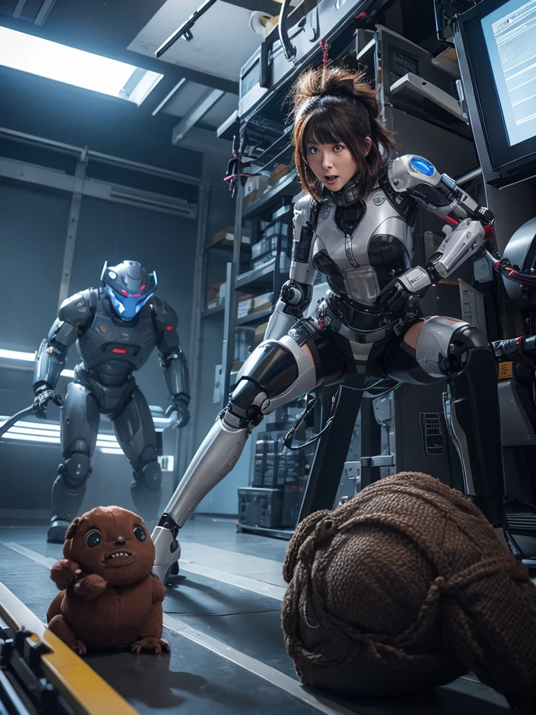 A woman in a robot suit is attacked by a monster