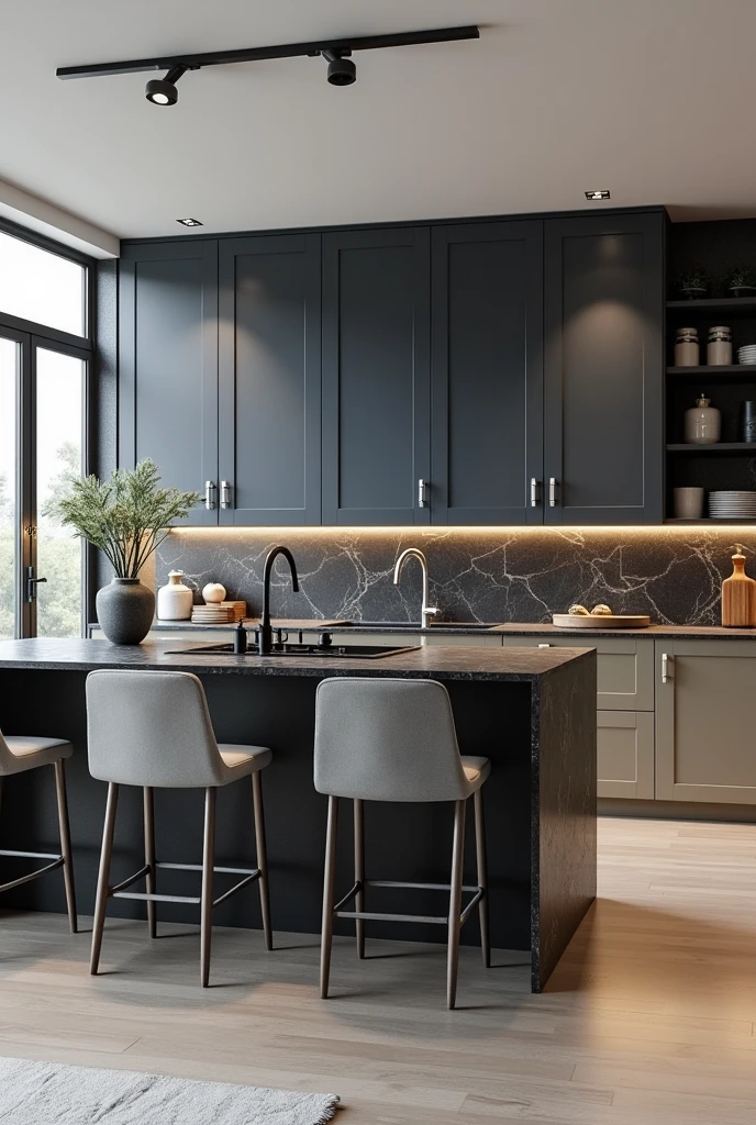 Professional 3d architecture rendering design of modern kitchen with So dark blue vintage and dark beige and dark gray cabinets and modern so light gray design chairs shiny black marble island island and modern windows and complete showing kitchen and showing complete kitchen and modern windows and showing complete kitchen