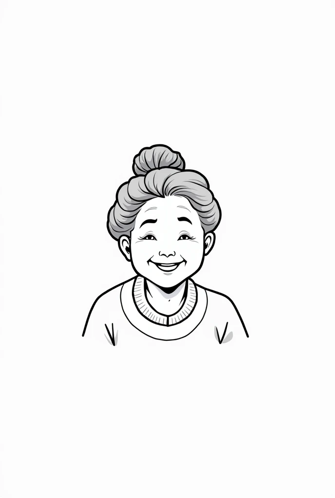 Old lady in a bun drawing outline only no shading more simple facing front make it more simple drawing make her smile and happy