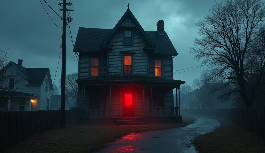 A haunted house in town with red light on door