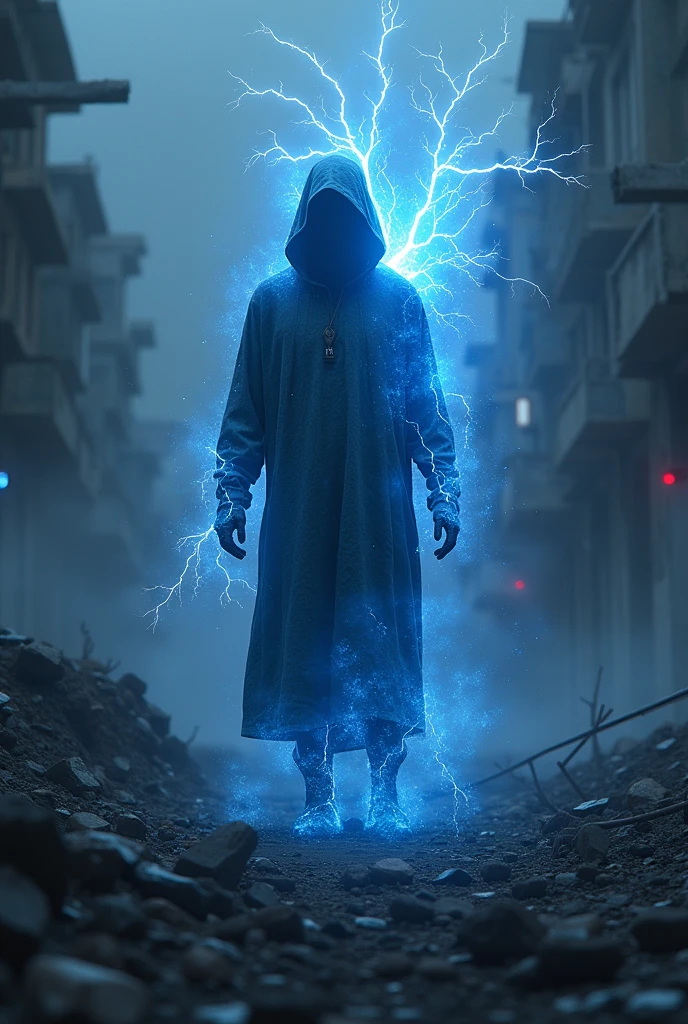 (youth,Blue-black lightning particles are emitted around the soul body.), 3D Rendering, Movie special effects, Movie Lighting, City in ruins, HD, 8K resolution, Very detailed, number, Concept Art,