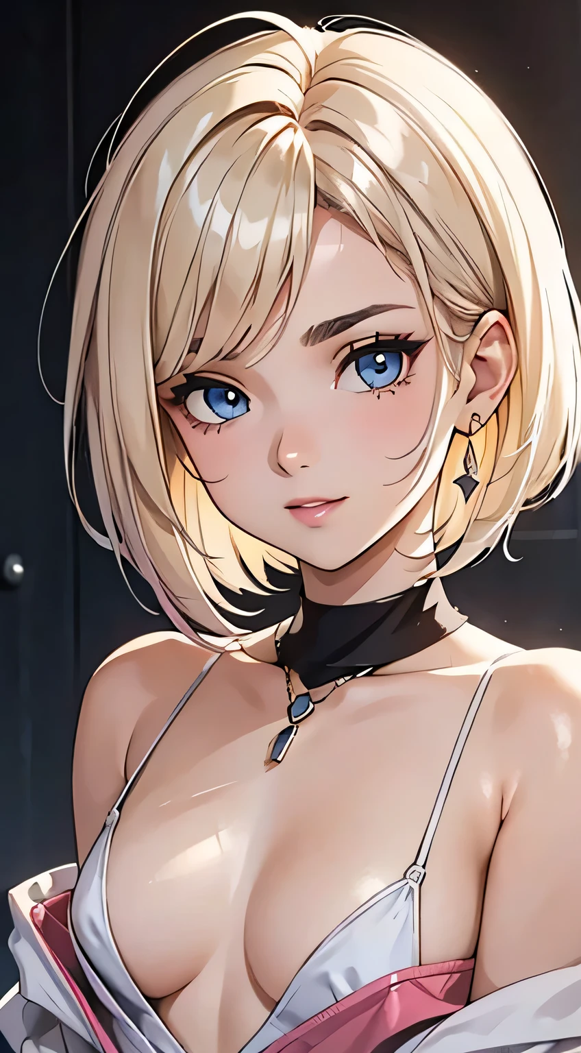 Amazing portrait of the upper body of a young woman who is 20 years old with a beautiful and highly detailed face and skin texture with fine blue eyes with double eyelid and thick styled and perfect eyebrows and black smokey eyeliner with natural cheeks and shiny skin wearing colourful comfy clothes showing off her bare shoulders and her small breasts with clevage paired with a sparkly necklace and earrings with glossy lips parted in an enchanting smile with a short asymmetrical bob styled with a bit of volume and a side part being a light blonde or platinum with few strands dyed pink having a slightly tousled or messy appearance with focus on her chest and face with this upper body shot and her bare shoulders with small breasts