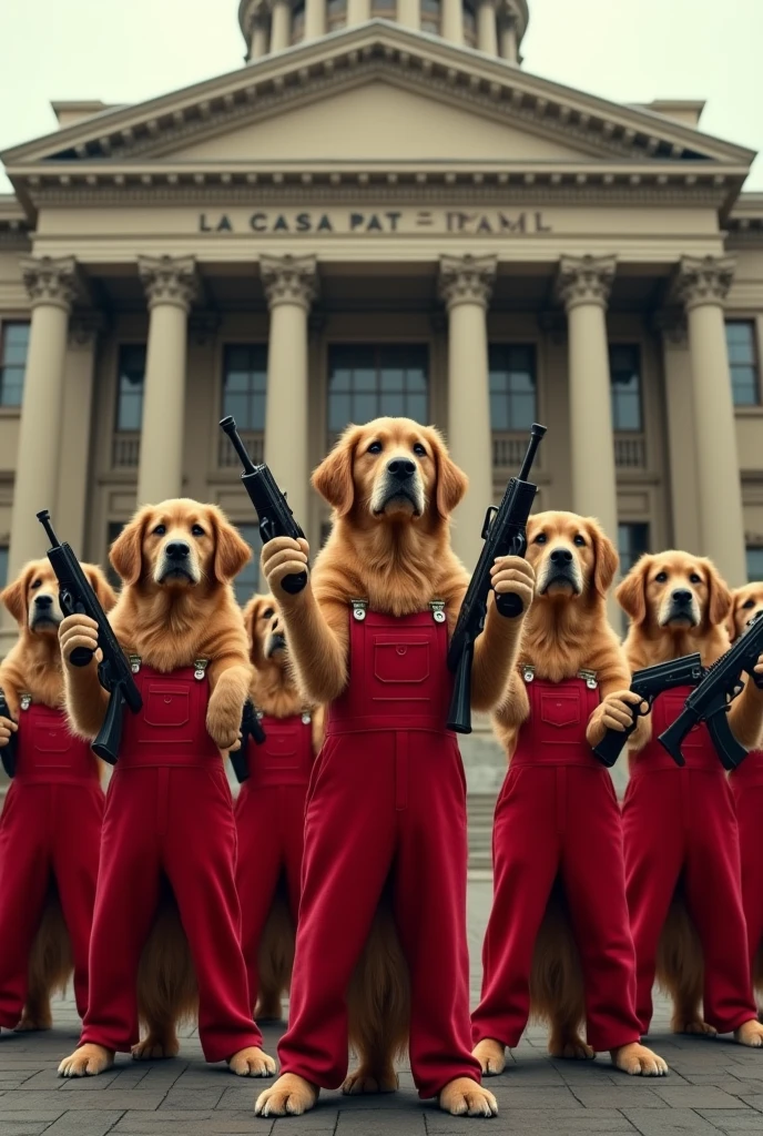 7 goldens retrievers, wearing red overalls, with weapons, in front of the bank in the series la casa de papel