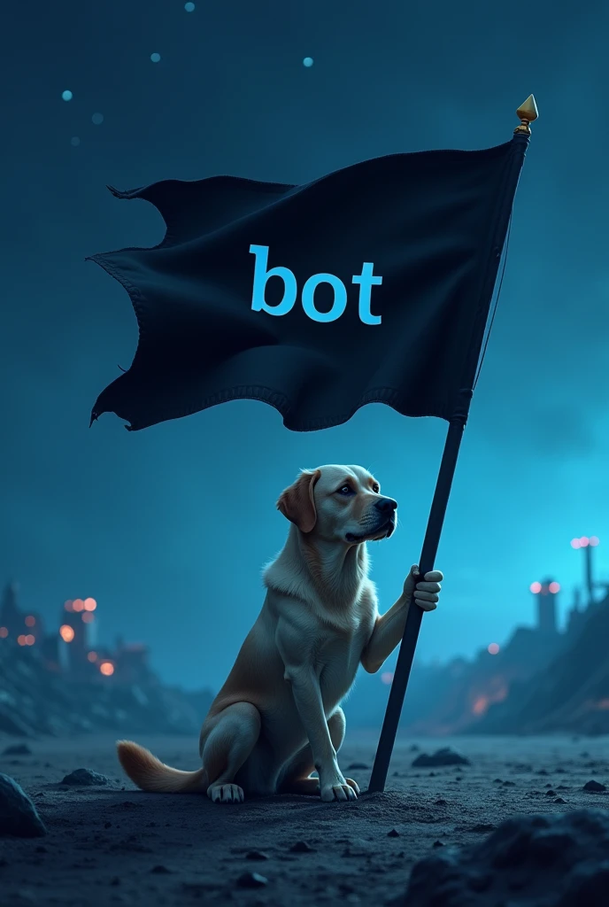 Labrador sérieux qui plante un grand drapeau noir avec marqué "BoT" dessus sur une planète imaginaire  bleu de nuit.
Derrière il y a des habitations avec des étoiles dans le ciel
