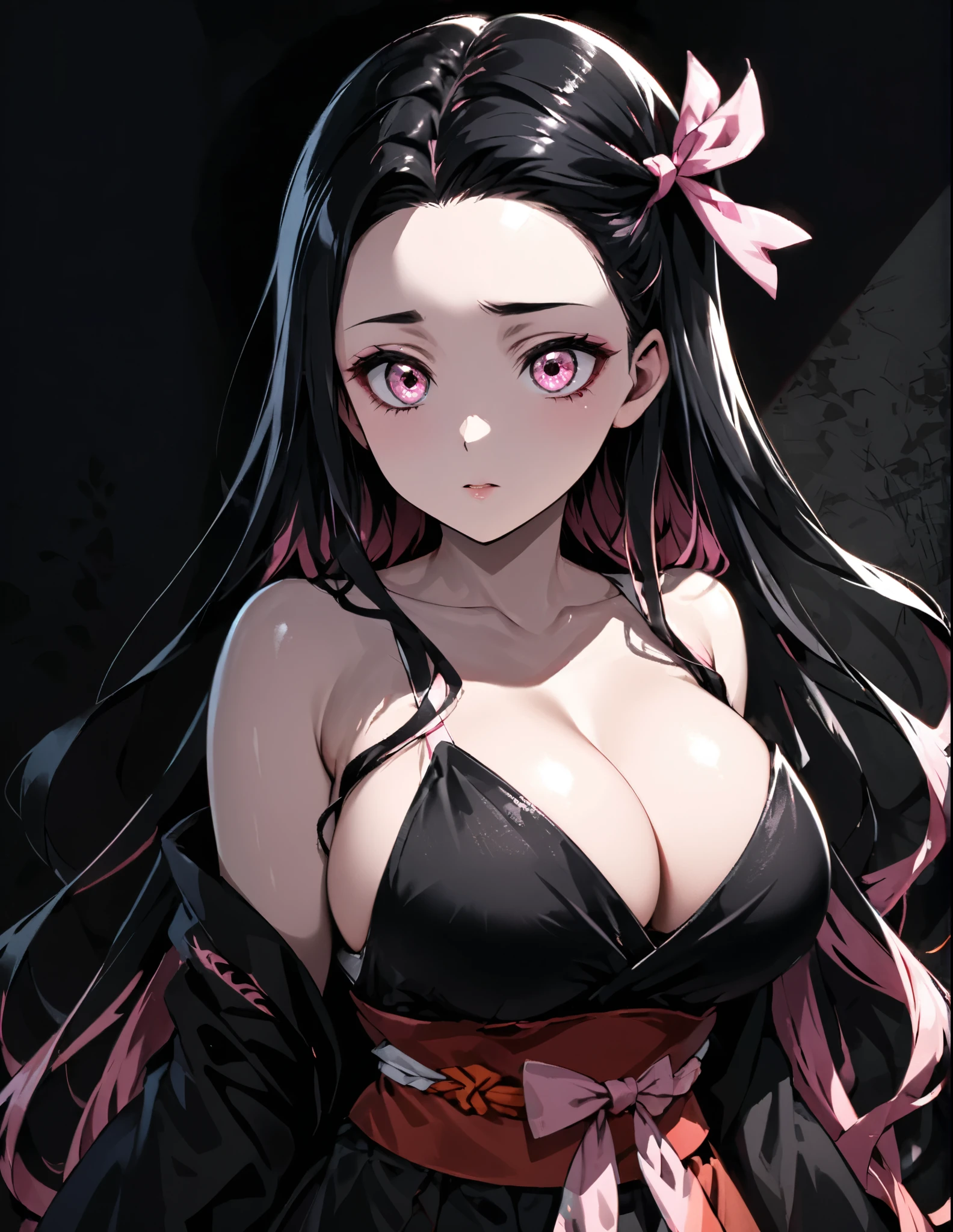 (darkness:1.2),(very detailed shadows:1.2),absolute shadows,absolute darkness, kamado nezuko, black hair, pink eyes, pink hair ribbon, two-tone hair, cleavage, huge breasts, shiny skin