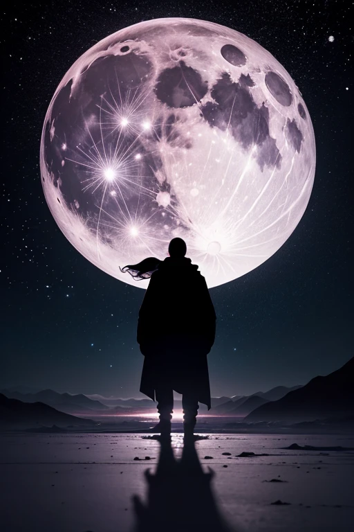 Highest quality,Big moon and shadow,A silhouette of a person can be seen against the backdrop of a large moon.,There is one full moon,There is a mood,Beautiful scenery,Starry Sky