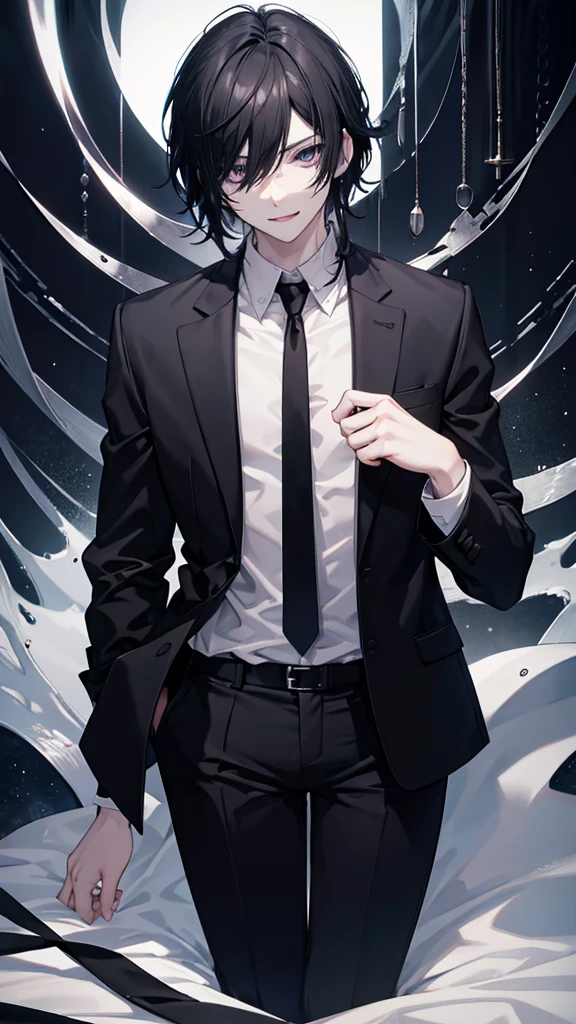 Male characters, Black Hair, Expressionless, suit, Innocent, Pale skin, Black eye tongue out, Anatomically correct, High resolution, A seductive smile, Raised eyebrow, Odd Eye, Cinematography, modern, Reality, realism,fearless