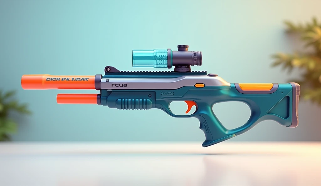 Mini double water gun toy，Integrated rifle mount，Transparent magazine and scope recessed，(Similar structure to M416)，(Double muzzle)，Smooth lines，Plastic material，Three-color Morandi color matching，high quality，Professional Product Photography，Table background，3d, OC Rendering，8K，