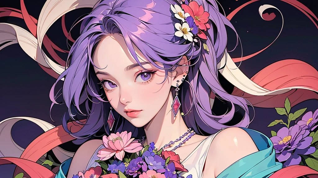 32K, 最高quality, 最高masterpiece, (ultra-Detailed Background, Detailed Background), High resolution, Super detailed, Very detailedな, 1 personの, (bouquet:1.3), (Tangled:1.2), (Geometric:1.2),(colorful),(masterpiece, quality, best quality, Official Art, Beautiful and beautiful:1.2), (1 person:1.3), Very detailed,(colorful:1.1)(Flowers:1.3),Most detailed,(Tangled:1.2), whole body, (Abstract background:1.3), (Skin glows), (Many colors:1.4), ,(Earrings Jewelry:1.5), Purple-red pale background, It's imaginative., Milk tea colored hair,