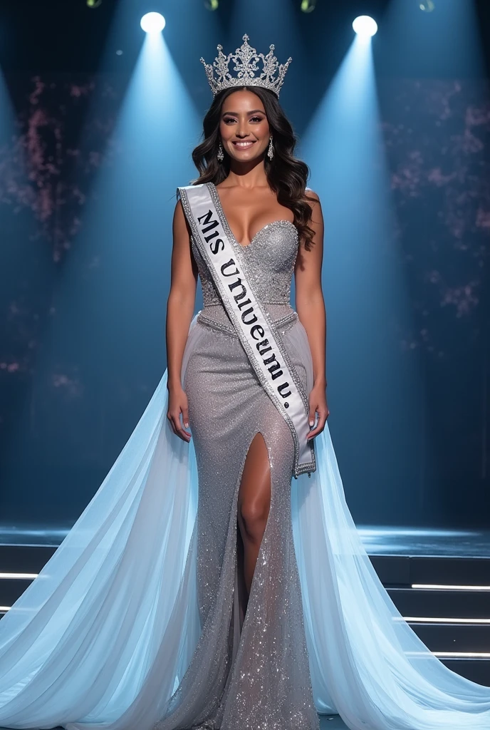 Miss Universe wear Silver Evening gown at Stage and wear crown and sash Miss Universe 2027