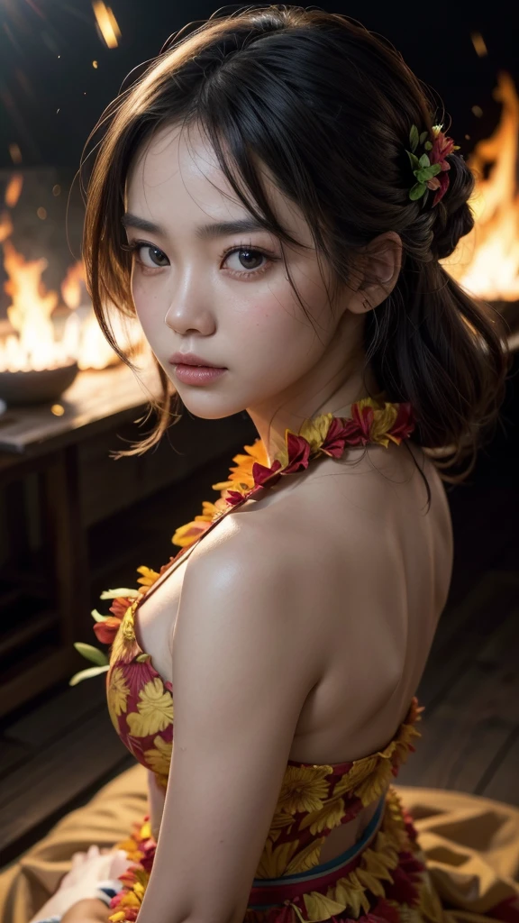 1 beautiful Asian woman, Hawaiian Hula outfit, big bright eyes, intense fire effects, cinematic shot, focused on face, (best quality,4k,8k,highres,masterpiece:1.2),ultra-detailed,(realistic,photorealistic,photo-realistic:1.37),HDR,UHD,studio lighting,ultra-fine painting,sharp focus,physically-based rendering,extreme detail description,professional,vivid colors,bokeh,portrait