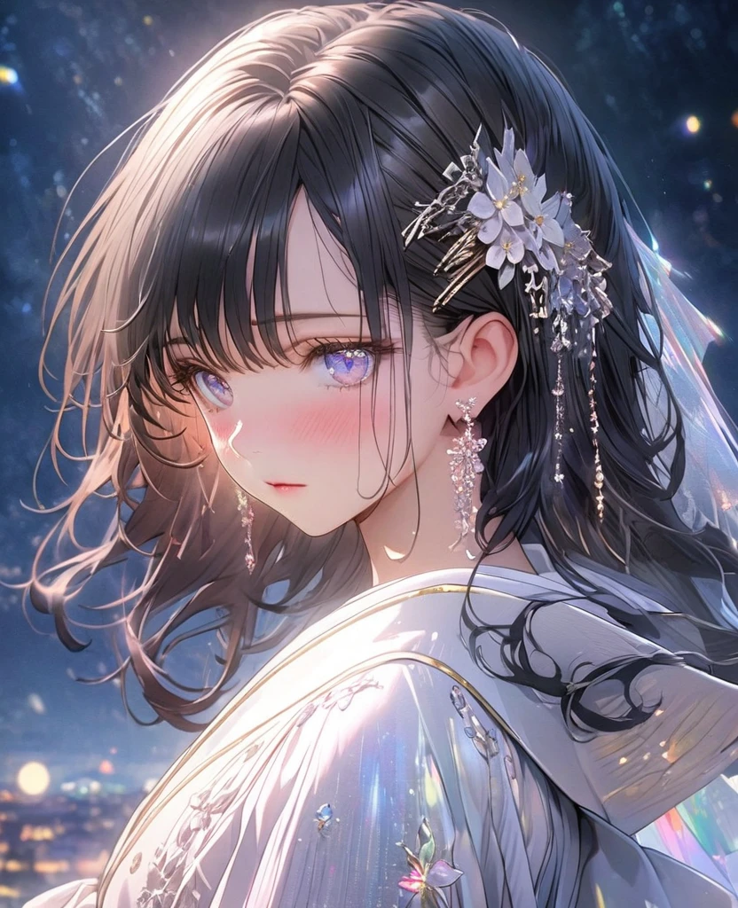 8k,Ephemeral beauty,Very delicate and beautiful,Beautiful and realistic skin,Hair that shines like jewels,Black Hair、Long and colorful hair,Beautiful Eyes,good,Beautiful night sky、Shy、White clothes、Small hair ornament