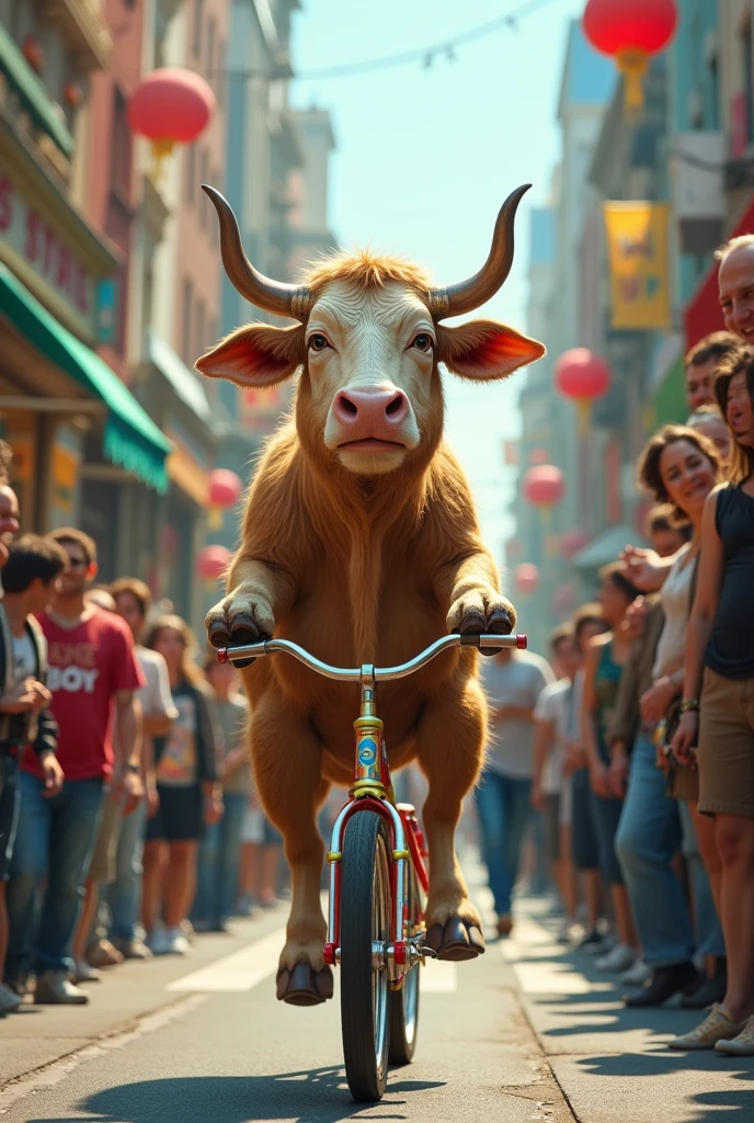 Creat a image of ox driving a toy bike in street there is many people's seeing and laughing and ox i feeing sad and crying