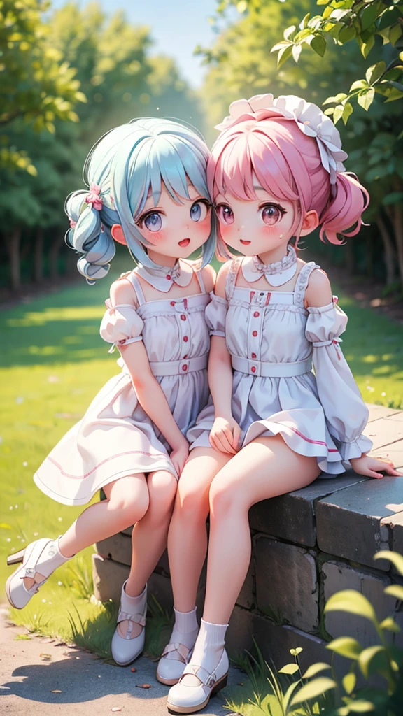 ((petite cute)), ((2girls for kiss)), ((cute face)), ((puffy eyes)), ((masterpiece)), ((best quality)), ((ultra detailed)), ((exquisite)), ((depth)), ((crisp)), ((8k)), ((beautiful and aesthetic)), ((super detailed skin)), ((high standard)), ((highres)), (perfect anatomy), (blush), (lipstick), (full body), (nostalgic scenery), (countryside, summer memory), (emotional), (strap less), (to take a pose, kawaii), (girl sitting)