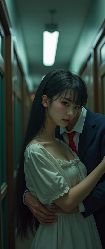 (32K:1.9, Realistic:1.9, Highest quality, masterpiece, Ultra-high resolution), Perfect dynamic composition, Highly detailed skin and facial textures:1.3, Detailed eyes, Detailed limbs, (Cute sexy slim Japanese schoolgirl, expensive、Slim Japanese high school student), Both of them are sitting, Fair skin, ((Clarity:1.1)), (Both men and women wear a blazer-style uniform and a red tie.。), (Boy hugs girl:1.5), (smile:0.9, Totally captivates you:0.9), (beautiful Blue Eyes, beautiful, Clear Eyes:0.8), The woman has long black hair, Sexy Face:0.4, blush:1.1, (beautifulエロティシズムを醸し出す雰囲気:0.8), Professional random camera work, Cinematic Lighting Effects, ((Full Body Shot)), ((Too erotic:0.9)) , romantic, mysterious, Object of admiration, original, dramatic, artistic, Innovative, charm, Heartful, Fancy, Tilt, sense of loss, special, exciting, Extreme, sense of openness, joy, joyの表現, ((若さのcharm, 女性的なcharm))