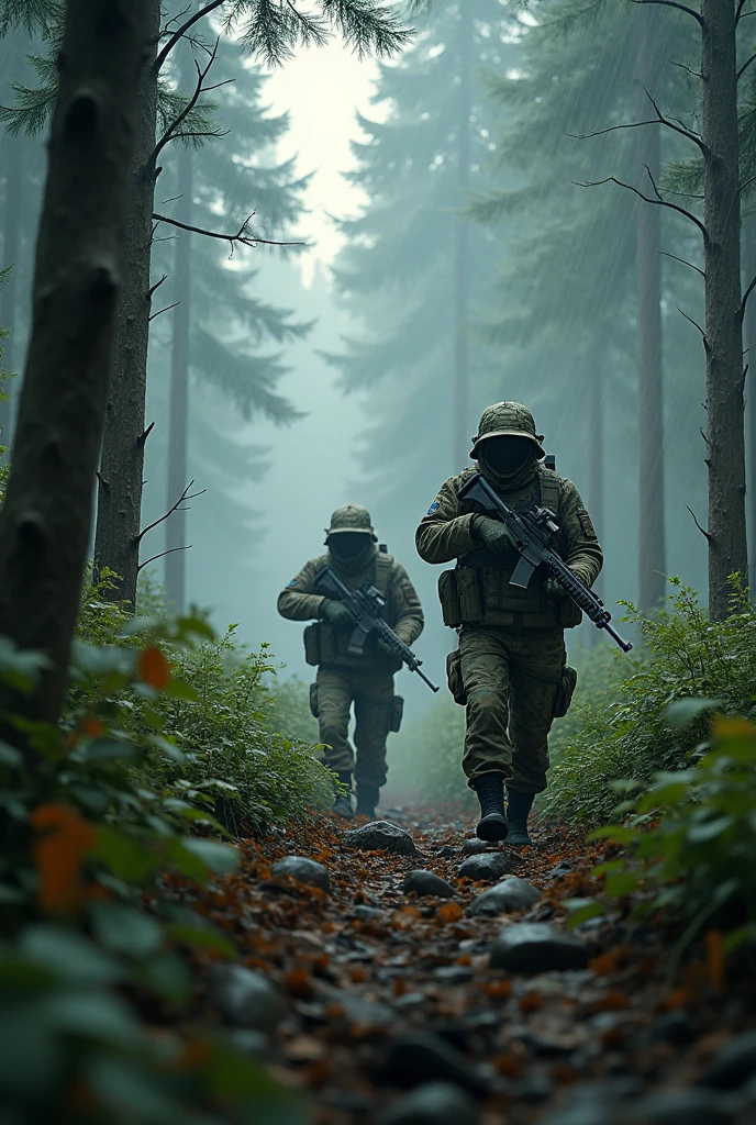 A high-quality 3D render of a dense forest environment with tall trees and thick undergrowth, in Unreal Engine 5 style. Two soldiers in camouflage gear are seen moving cautiously through the forest, holding modern rifles. The lighting is dynamic, with sunlight filtering through the tree canopy, casting realistic shadows on the ground. The forest floor is covered with leaves, rocks, and branches, creating a highly interactive environment. Mist and light rain add a mystical element to the scene, enhancing the atmosphere, Ukrainian style, Ukranian soldats