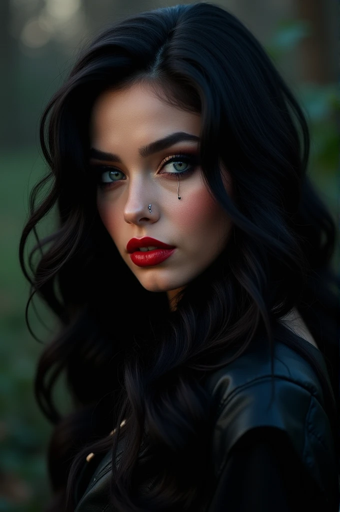 Dressed as a vampire coming out at nighttime Caucasian-Hispanic mix women, with deep wave long curls smooth finish black hair with, light blue, teal, and blonde combined together blue eyes, Instagram model, black makeup long lashes, big lips, red lipstick nose pierced 30k