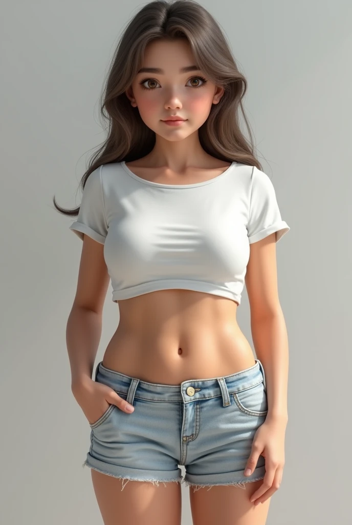 (photorealism:1.2), a girl kids, abdominal muscles are formed, wearing short t-shirt and cotton short, her breasts are a 30H cup