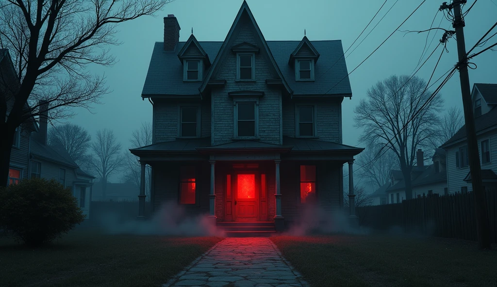 A haunted house in town with red light on door
